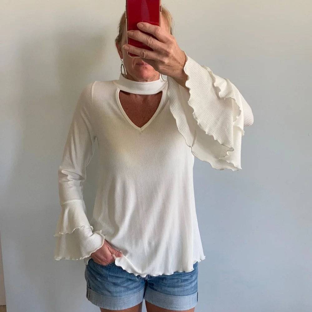 Choker Neck, Bell Sleeve Tunic Top - Picture 2 of 7